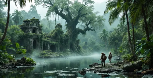 Prompt: A misty swamp deep in a lush tropical jungle . Massive, gnarled, lush tropical ficuses covered in vines . Tropical plants and palms . Steam . Ancient mayan temple ruins. Scattered stones and debris. Two men in 1800's explorer outfits with hats, ice picks and backpacks . Overcast sky .