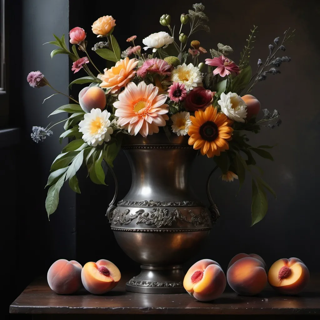 Prompt: a decorated metal vase with a rich mix of flowers on a table in a dark room . Some peaches are placed on the table too