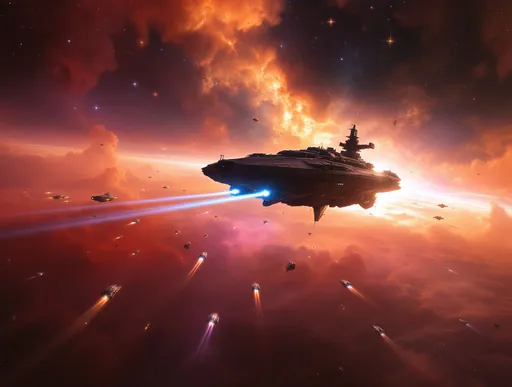 Prompt: A majestic , warm-colored nebula that transitions from deep orange and red near the center to a softer pink and lavender toward the edges . Multiple suns or bright stars glow intensely casting dramatic lighting that enhances the epic tone of the scene. Distant stars are scattered across the deep space backdrop . Immersive cosmic atmosphere . An enormous capital-command-class vessel with glowing blue thrusters passing by. Multiple squadrons of smaller ships leaving behind orange and blue trails . Asteroids and cosmic dust .