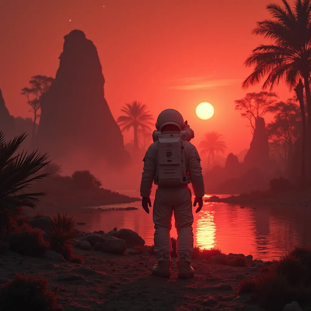 Prompt: A red planet with a lake and an alien prehistorical forest with carnivorous plants . A close-up of an astronaut in a white , pressurized suit and helmet standing with his back to the viewer . His posture conveys shock and astonishment - arms and legs spread apart slightly leaning backward . The atmosphere is eerie and otherworldy with dust swirling in the air . Night . Mist . Sky full of stars . Red light of the sun .