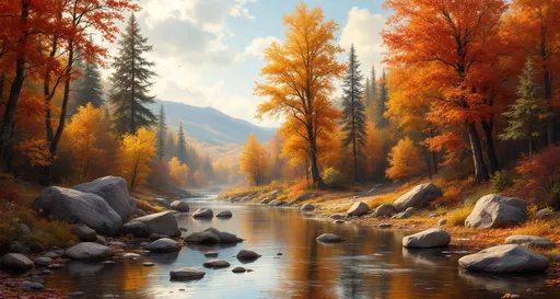 Prompt: A serene and picturesque autumn scene in a forested valley in the style of 19th-century realism. The central focus is a calm, shallow river or stream that gently winds through the landscape, reflecting the warm colors of the trees and sky. The water is clear, with smooth rocks scattered along its edges and within the stream itself.

Surrounding the river are large, weathered boulders and rocks, adding texture and depth to the foreground. The banks of the river are densely populated with tall, majestic trees dressed in the rich, vibrant hues of autumn—fiery reds, golden yellows, burnt oranges, and deep browns dominate the foliage. The trees rise high and seem to embrace the light filtering through the sky above.

In the background, the forest continues, with rolling hills covered in dense woodland. The sunlight bathes the scene in a golden glow, casting soft highlights and creating a peaceful, almost magical atmosphere. The sky is partly cloudy, with patches of blue visible, suggesting a crisp, clear autumn day.

Overall, the image exudes tranquility and the quiet beauty of nature during the fall season. It invites the viewer to pause and appreciate the harmony and richness of the natural world.

