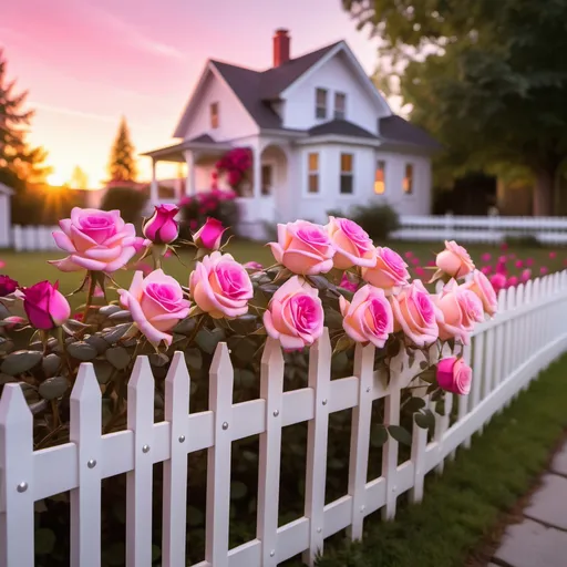 Prompt: light pimk roses on a white picket fence . Magenta , glowing vibrant colors , a house in background, 
rose petals lit by the sunset