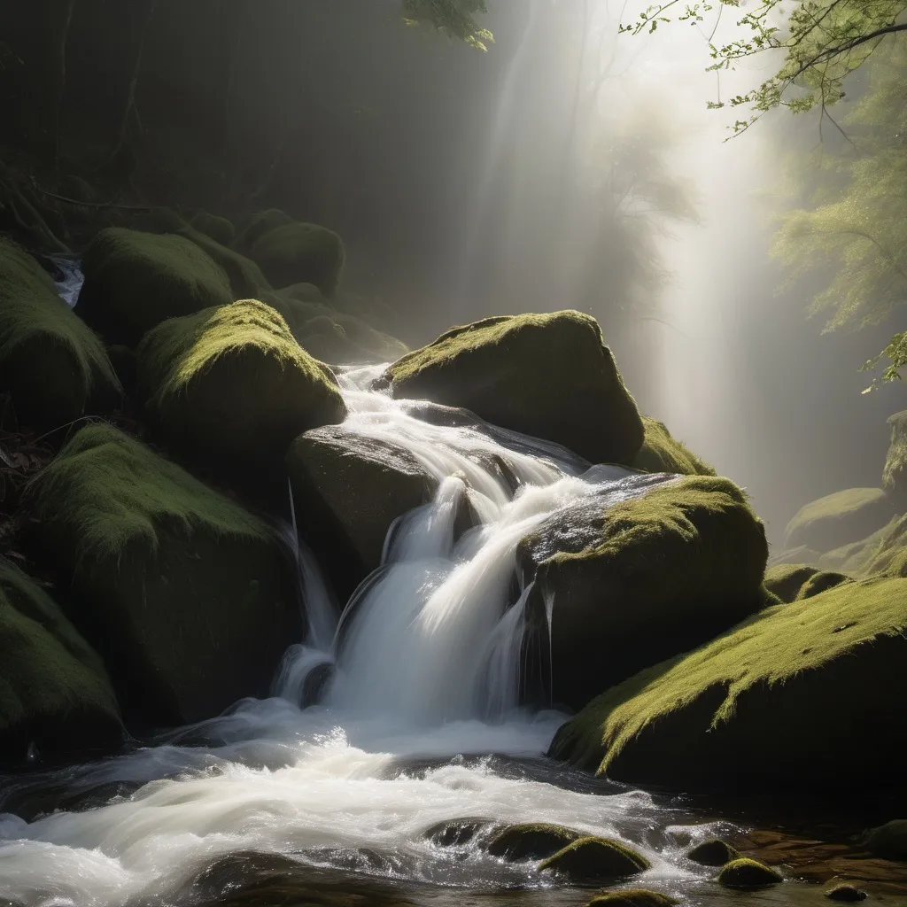 Prompt: a narrow foaming stream  falling from a rock , mist , lit by sun