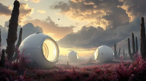 Prompt: Spherical structures that resemble escape pods or futuristic capsules . 
There are three large white spherical pods each with a round hatch open revealing a white inner chamber. These pods have mechanical hinges and internal parts giving the impression of space capsules or escape pods . They are positioned on a terrain with tall alien grass and plants.
They are surrounded by alien vegetation in bright and unnatural colors-such as large red and purple plants and tall, narrow trees with bluish-green hues. A giant , ringed gaseous planet with satellites in the sky. Mist.  The vegetation suggests an exotic alien environment . The most striking element is the sky . Thick, billowing clouds stretch across the sky, heavy and textured with tones of grey, brown, and hints of blue. These clouds seem to part just enough to reveal a glowing band of soft, golden-yellow light near the horizon, suggesting either a sunrise or a sunset. This light gently spills across the landscape, casting a muted radiance that enhances the depth and mystery of the scene. The style of 19th-century realism.