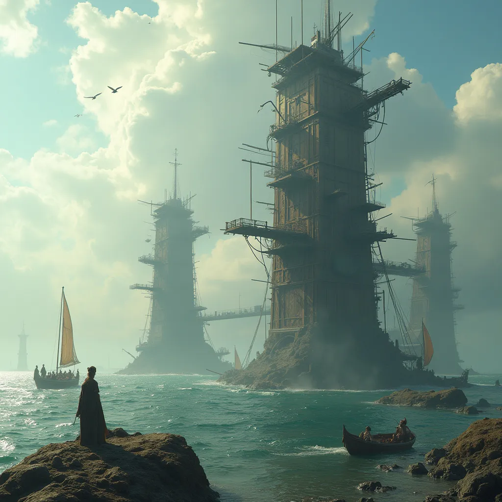Prompt: Post-apocalyptic tall structures made of wood , metal sheets and debris rising from the sea . Wooden plank and rope bridges connecting them . Rafts with sails drifting on the water . People dressed in tattered clothes . Low-hanging clouds floating between the buildings above the ocean . Seagulls soaring through the mist . Sunlight 