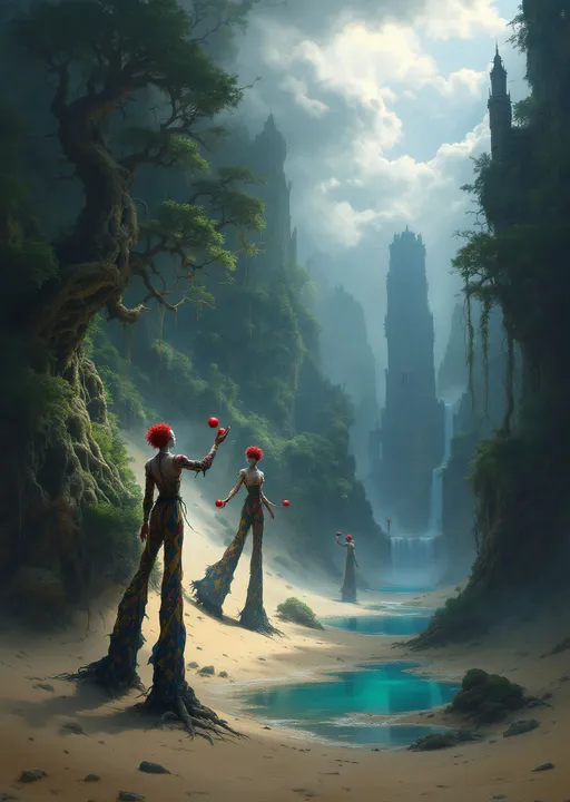 Prompt: Three harlequins on towering stilts covered by long pants reaching the clouds juuggling red balls shrouded in mist and clouds walking through sand dunes covered  with an enchanted , mysterious, lush forest with gnarled, lush, magical trees with tangled web of roots emerging from the ground . Strange, mysterious, slender towering ruins. Waterfalls. Mist. A turquoise pond .