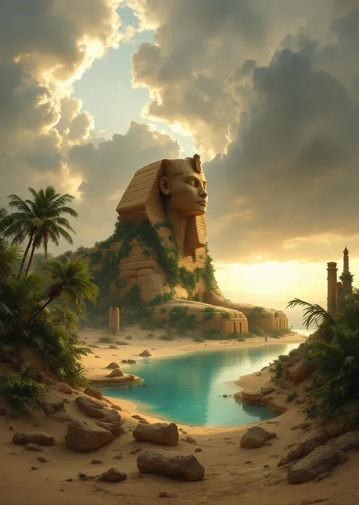 Prompt: Sand dunes covered in lush tropical jungle with plants and palms. A ruined and crumbling sandstone extraterrestrial sphinx overgrown with lush tropical plants . In front of it a turquoise lake . Mist. In the lake fallen Egyptian columns and standing ruined columns and capitals covered in tropical plants . The most striking element is the sky . Thick, billowing clouds stretch across the sky, heavy and textured with tones of grey, brown, and hints of blue. These clouds seem to part just enough to reveal a glowing band of soft, golden-yellow light near the horizon, suggesting either a sunrise or a sunset. This light gently spills across the landscape, casting a muted radiance that enhances the depth and mystery of the scene. The style of 19th-century realism.