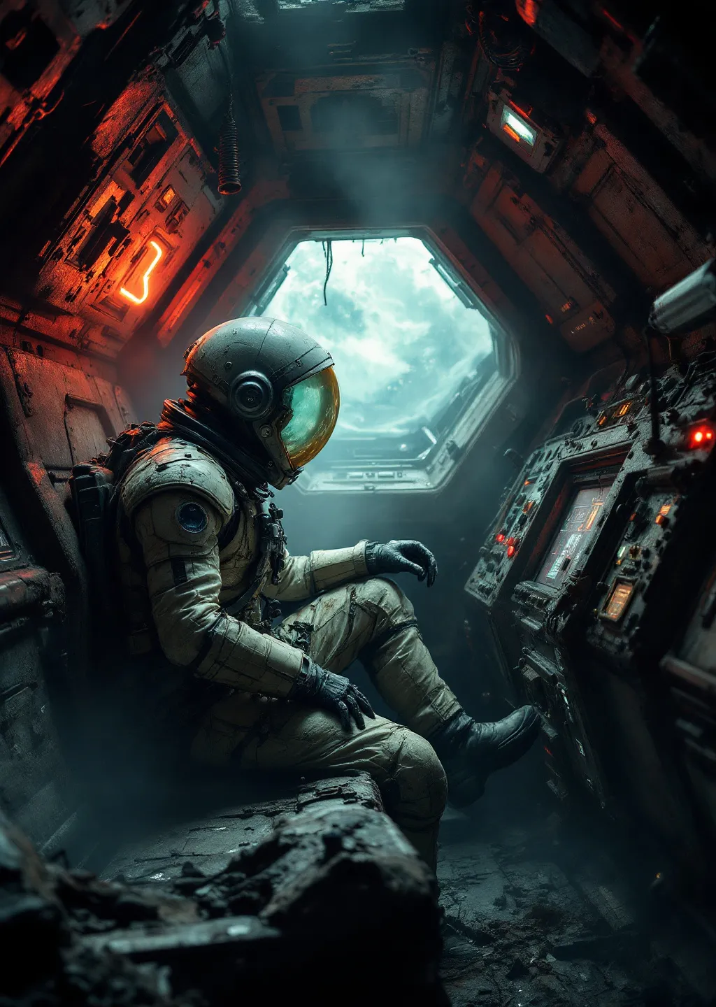 Prompt: A cosmonaut in a vintage , decayed , rusted , gothic space suit sitting at a decayed , vintage command panel of an abandoned space ship in the dim, flickering light of a neon . Mist
