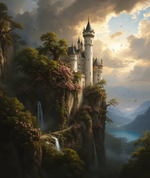 Prompt: A painting in the style of 19th-century realism. A white, fairytale castle perched on a jagged, rocky, misty cliff surrounded by massive, gnarled, lush trees covered in climbing pink and white roses. Sunlight. Hundreds of birds flying. Waterfalls. A blue lake. The most striking element is the sky . Thick, billowing clouds stretch across the sky, heavy and textured with tones of grey, brown, and hints of blue. These clouds seem to part just enough to reveal a glowing band of soft, golden-yellow light near the horizon, suggesting either a sunrise or a sunset. This light gently spills across the landscape, casting a muted radiance that enhances the depth and mystery of the scene. A painting in the style of 19th-century realism.