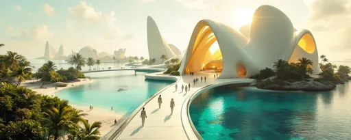 Prompt: An aerial view of a tropical island covered in lush , tropical plants and palms with white sand beaches and surrounded by shallow turquoise waters and coral reefs. On the far side of the island connected by a sleek , white futuristic bridge rises a towering, white, sci-fi, futuristic building standing in the shallow turquoise sea . The building has enormous, sweeping, blending organic-looking arches curving elegantly upwards resembling a luminous , futuristic cathedral. The walls and the arches are smooth creamy-white ( butter color) and softly reflective catching the golden light that floods the inner space. Tall men and tall women with white hair dressed in sleek, white futuristic clothing are walking on the bridge . Mist. Sunlight. In the distance, in the mist , on the sea there are more buildings like this .