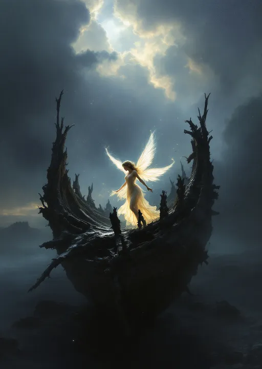 Prompt: A glowing fairy with delicate wings radiating light trapped between the rotten blackened ribs of a wrecked ship stranded on a beach of volcanic black sand . Mystical atmosphere. Mist . Stormy clouds. Stormy sea. The style of 19th-century realism .