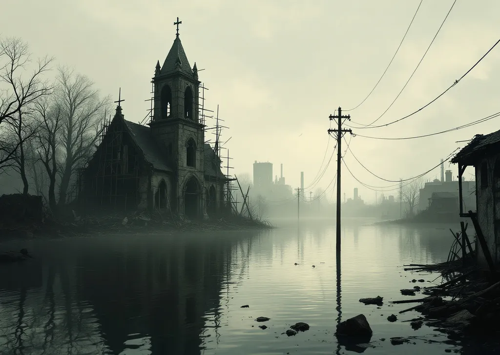 Prompt: A haunting post-apocalyptic landscape partially submerged in water. In the center stands a dilapidated , dark , church with its tower severely damaged and partially collapsed. Makeshift wooden scaffolding and poles extend from the building suggesting desperate attempts at repair or fortification. In the left side barren, leafless trees and debris partially submerged in murky floodwater enhancing the desolate atmosphere. On the right the water reflects a pale , overcast sky with scattered clouds giving a cold, wintery light. A utility pole with wires juts out of the water in the foreground reinforcing the sense of urban ruin. Further in the background on the right the skeletal  remains of industrial structures , remnants of factories or warehouses shrouded in mist . A partially submerged rooftop is visible in the lower right corner indicating that this area used to be a functioning town or city now devastated by flooding or war. Mist. The mood is bleak, silent and heavy with the aftermath of destruction yet the light breaking through the clouds .