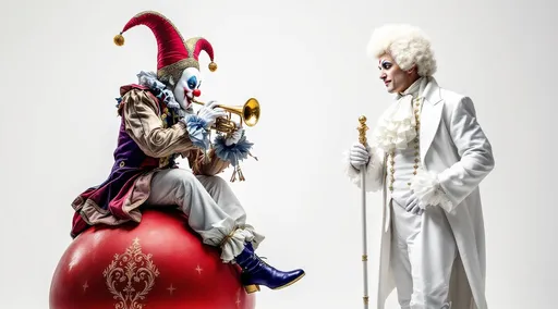 Prompt: A surreal, theatrical scene. On the left side of the image a court jester sits atop a large, red, shining ball playing a trumpet with tassels and facing toward the right side of the composition. On the right side of the image a noble count stands upright holding a white cane with a golden, ornate, decorated handle. The count is dressed in elegant white ceremonial attire with a white, elaborate powdered wig an ornate jabot and a beauty mark. White background