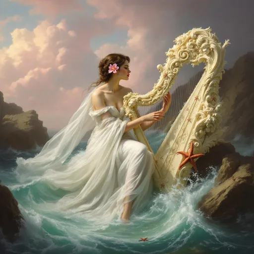 Prompt: A young woman dressed in flowing white veils with a pink lily in her hair stands surrounded by foaming turquoise ocean waves. Mist. The woman has an elegant hairstyle. She is playing a richly ornate harp sculpted in ivory with elegant swirling motifs and cherub heads its organic structure detailed and intricate. Sunlight. Rocks. Starfish are attached to the harp clinging to its surface. Pink, fluffy clouds. Sunlight. The scene feels ethereal and oceanic with dynamic water movement and a dreamy, mythological atmosphere. A painting in the style of 19th-century realism.
