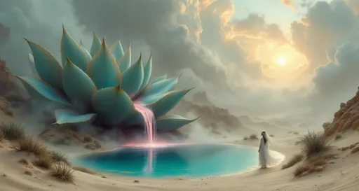 Prompt: Sand dunes . A goddess dressed in flowing white veils stands gracefully gazing at a giant , magical turquoise agave with coiled leaves that grows in a turquoise lake. Mist. A cascade of pink liquid flows down the agave's leaves creating an ethereal atmosphere . Steam rising from the agave . Sandy cliffs. The entire scene is shrouded in mist with clouds drifting gently above the sand . The most striking element is the sky . Thick, billowing clouds stretch across the sky, heavy and textured with tones of grey, brown, and hints of blue. These clouds seem to part just enough to reveal a glowing band of soft, golden-yellow light near the horizon, suggesting either a sunrise or a sunset. This light gently spills across the landscape, casting a muted radiance that enhances the depth and mystery of the scene. The style of 19th-century realism.