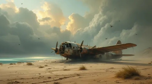 Prompt: A small, rusted, post-apocalyptic seaplane constructed from salvaged scraps, sheet metal and rope partially buried in sand dunes with faded paint and corroded surfaces evoking a sense of desolation and survival. A turquoise lake. Mist. Birds flying in the sky. The most striking element is the sky . Thick, billowing clouds stretch across the sky, heavy and textured with tones of grey, brown, and hints of blue. These clouds seem to part just enough to reveal a glowing band of soft, golden-yellow light near the horizon, suggesting either a sunrise or a sunset. This light gently spills across the landscape, casting a muted radiance that enhances the depth and mystery of the scene. The style of 19th-century realism.