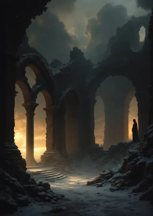 Prompt: The snow-powdered dark hall of a  dark, ruined castle with collapsed roof allowing heavy snowfall to pour inside. Arched  windows let in a cold, dim sunset light . Columns . Statues .  Mist. Snow blown by the wind.  Haunting, ethereal beauty . Night . Mysterious atmosphere.  The most striking element is the sky . Thick, billowing clouds stretch across the sky, heavy and textured with tones of grey, brown, and hints of blue. These clouds seem to part just enough to reveal a glowing band of soft, golden-yellow light near the horizon, suggesting either a sunrise or a sunset. This light gently spills across the landscape, casting a muted radiance that enhances the depth and mystery of the scene. The style of 19th-century realism.