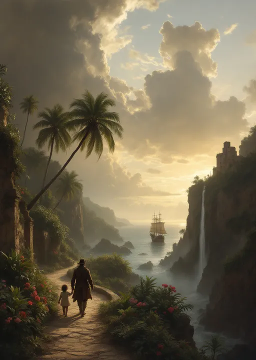 Prompt: A man dressed in a 19th-century explorer's outfit walking alongside a child on a narrow coastal path bordered by lush tropical plants, flowers and palms . In the distance a brig anchored in a rocky cove covered by lush tropical plants and palms. Mist. Waterfalls. Ruins . The most striking element is the sky . Thick, billowing clouds stretch across the sky, heavy and textured with tones of grey, brown, and hints of blue. These clouds seem to part just enough to reveal a glowing band of soft, golden-yellow light near the horizon, suggesting either a sunrise or a sunset. This light gently spills across the landscape, casting a muted radiance that enhances the depth and mystery of the scene. The style of 19th-century realism .