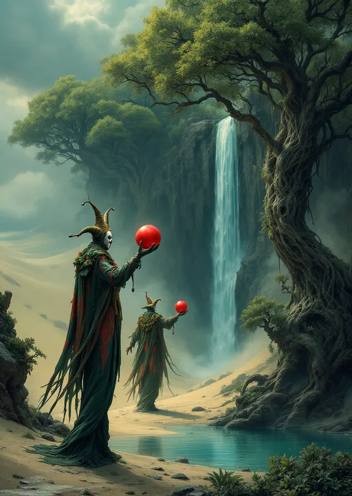 Prompt: Three harlequins on towering stilts covered by long pants reaching the clouds juuggling red balls shrouded in mist and clouds walking through sand dunes covered  with an enchanted , mysterious, lush forest with gnarled, lush, magical trees with tangled web of roots emerging from the ground . Strange, mysterious, slender towering ruins. Waterfalls. Mist. A turquoise pond .