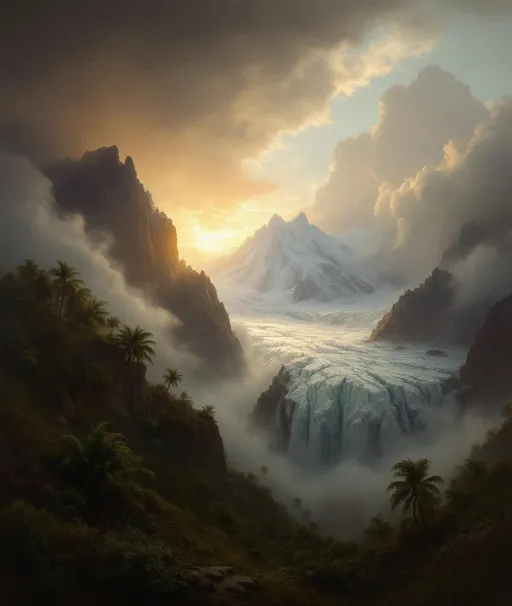 Prompt: A glacier covered with lush tropical plants and palms . Mist . The most striking element is the sky . Thick, billowing clouds stretch across the sky, heavy and textured with tones of grey, brown, and hints of blue. These clouds seem to part just enough to reveal a glowing band of soft, golden-yellow light near the horizon, suggesting either a sunrise or a sunset. This light gently spills across the landscape, casting a muted radiance that enhances the depth and mystery of the scene. The style of 19th-century realism.