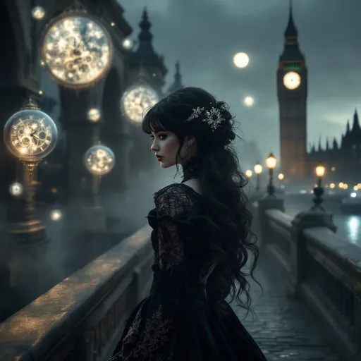 Prompt: A surreal ,ethereal scene . A view with the back of a young woman with a Victorian hairstyle featuring dark, long, glossy hair styled into voluminous structured waves that cascade down her shoulders with sections elegantly pinned back using decorative hairpieces . The woman is wearing a Victorian-era nightgown and she is walking on a old ,medieval stone bridge at night . Around her ghostly, translucent pendulum clocks float in the misty air . In the distance illuminated by the ethereal moon Big Ben stands at the edge of the Thames which is shrouded in mist . Dreamy and eerie atmosphere . Dark , overcast sky