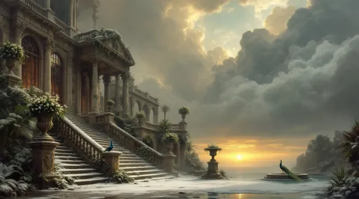 Prompt: A ruined and crumbling palace with tall windows covered in snow with staircases with ornate stone balustrades decorated with stone urns filled with white flowers. Tropical plants and palms . A peacock stands gracefully on the steps . A frozen turquoise pond .Mist. A ruined fountain with a sttaue covered in moss . The most striking element is the sky . Thick, billowing clouds stretch across the sky, heavy and textured with tones of grey, brown, and hints of blue. These clouds seem to part just enough to reveal a glowing band of soft, golden-yellow light near the horizon, suggesting either a sunrise or a sunset. This light gently spills across the landscape, casting a muted radiance that enhances the depth and mystery of the scene. The style of 19th-century realism.