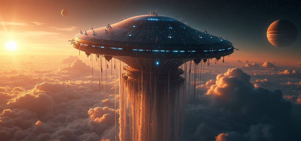Prompt: A massive jellyfish-shaped sci-fi space station orbits just above an orange massive gaseous planet's atmosphere . Its upper half is a colossal, smooth metallic dome with a translucent sheen glowing softly with reflected starlight and the warm hues of the distant sun. The dome disperses streams of charged particles of solar wind in soft, swirling patterns of light across its curved surface. The surface is dotted with luminous panels, antennae and docking bays barely visible through the glimmer. Beneath the dome an intricate network of spires, suspended platforms and tubular structures cascades downward like tendrils- some glowing faintly blue or white others pulsating with the flicker of artificial life. These dangling elements evoke the appearance of a bioluminescent jellyfish. It is both majestic and haunting.  The planet below has a thick, swirling atmosphere filled with dramatic cloud formations resembling cyclones or massive storm systems. There's a particularly tall and dense cloud formation near the center-right casting a deep shadow across the cloud layers-implying scale and volume. The curvature of the planet is clearly visible with a distinct atmospheric glow transitioning from a deep blue near the horizon to the blackness of space. Above the planet in the far background another celestial body- a moon -appears partially illuminated adding depth and scale to the cosmic setting. A bright star or distant sun shines on the left side of the frame with lens flare and subtle blue glows. The clouds in the atmosphere are dramatically illuminated by the star casting long shadows.
