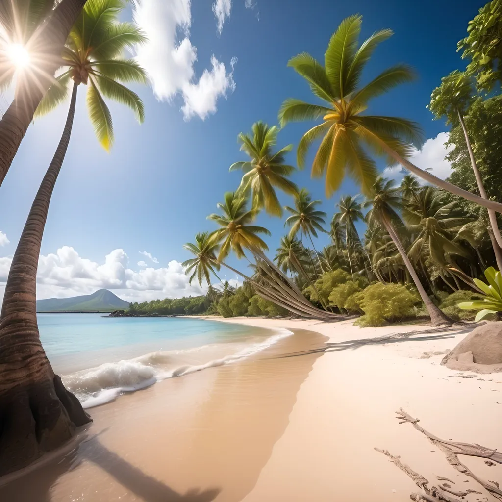 Prompt: tropical beach lit by sun covered with coconut trees , frangipani and hibiscus