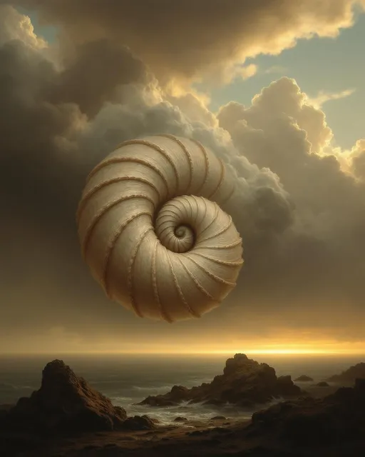Prompt: A colossal spiral seashell suspended in mid-air above jagged sea rocks. Stormy sea . Mist . The most striking element is the sky . Thick, billowing clouds stretch across the sky, heavy and textured with tones of grey, brown, and hints of blue. These clouds seem to part just enough to reveal a glowing band of soft, golden-yellow light near the horizon, suggesting either a sunrise or a sunset. This light gently spills across the landscape, casting a muted radiance that enhances the depth and mystery of the scene. The style of 19th-century realism.