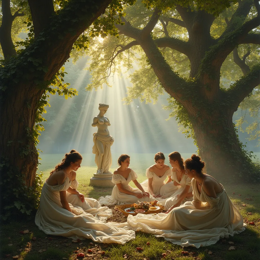 Prompt: A picnic of the nobility of the 18th century women dressed in long white dresses and men in taffeta suits  in the middle of gnarled trees covered with ivy, sitting on the ground, a statue of Aphrodite and a child , mist , golden sun