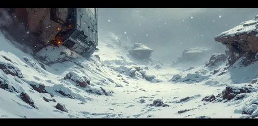 Prompt: A painting in the style of 19th-century realism. A sci-fi metallic structure on a frozen planet its base partially buried and covered by windswept snow. Harsh blizzard conditions. Fog and snow particles in the air.