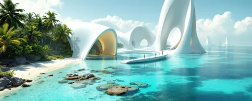 Prompt: An aerial view of a tropical island covered in lush , tropical plants and palms with white sand beaches and surrounded by shallow turquoise waters and coral reefs. On the far side of the island connected by a sleek , white futuristic bridge rises a towering, white, sci-fi, futuristic building standing in the shallow turquoise sea . The building has enormous, sweeping, blending organic-looking arches curving elegantly upwards resembling a luminous , futuristic cathedral. The walls and the arches are smooth creamy-white ( butter color) and softly reflective catching the golden light that floods the inner space. Tall men and tall women with white hair dressed in sleek, white futuristic clothing are walking on the bridge . Mist. Sunlight. In the distance, in the mist , on the sea there are more buildings like this .