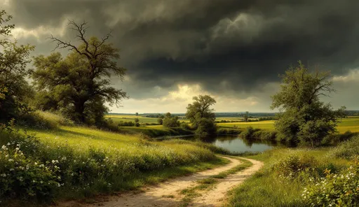 Prompt: A serene countryside landscape with a dirt path meandering through lush green grass, leading toward a small river or stream  in the style of 19th-century realism. The scene is bathed in soft, natural light, highlighting the various shades of green in the grass, bushes, and trees.
In the foreground, the grass appears vibrant and full of life, dotted with small white wildflowers. The dirt path, slightly worn, adds depth and guides the viewer's eye deeper into the painting. The middle ground features a calm body of water reflecting the greenery around it, bordered by dense vegetation and clusters of trees. Some of the trees are partially bare, suggesting either seasonal change or the effects of natural weathering.
In the background, rolling fields extend toward the horizon, blending into a distant tree line. Above, the sky is filled with heavy, dark clouds, possibly indicating an approaching storm. The contrast between the bright foreground and the ominous sky creates a dynamic and dramatic atmosphere. Photo-film noir style , dark color scheme , moody atmosphere, a giant menacing cloud looming omniously above , shadowy tendrils emerging from the cloud threatening to engulf the trees , dramating lighting casting sinister shadows , cold and eerie ambiance , tension-filled scene . Mist . 