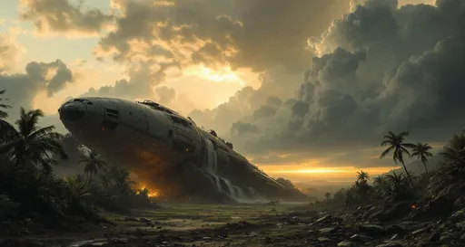 Prompt: A large, crashed spaceship , lush tropical jungle with plants and palms , dramatic cliffs , waterfalls , debris field , small patches of flickering fire , contrasting warmth of flames against cool jungle greens .  The most striking element is the sky . Thick, billowing clouds stretch across the sky, heavy and textured with tones of grey, brown, and hints of blue. These clouds seem to part just enough to reveal a glowing band of soft, golden-yellow light near the horizon, suggesting either a sunrise or a sunset. This light gently spills across the landscape, casting a muted radiance that enhances the depth and mystery of the scene. The style of 19th-century realism.