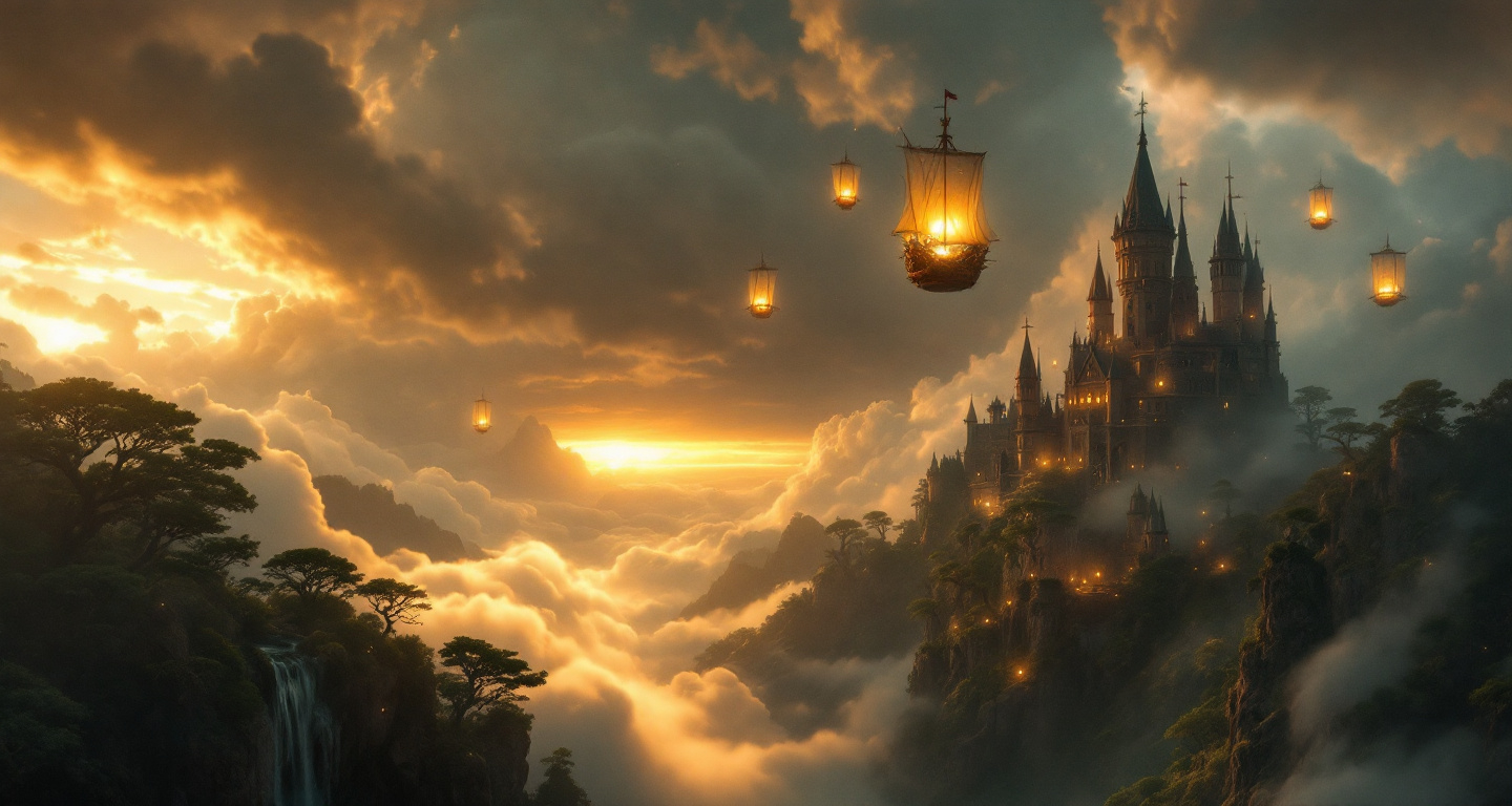 Prompt: A view from above of a fairytale galleon with glowing lanterns floating above clouds lit by sunset illuminated from below . Mist . Beneath the clouds ( visible through the clouds) a magical fairytale castle with tall pointed spires rises from the earth glowing with enchanting lights , a turquoise lake , waterfalls , rocky cliffs , an enchanted , mysterious lush forest with gnarled , lush, magical trees with tangled web of roots emerging from the ground . The most striking element is the sky . Thick, billowing clouds stretch across the sky, heavy and textured with tones of grey, brown, and hints of blue. These clouds seem to part just enough to reveal a glowing band of soft, golden-yellow light near the horizon, suggesting either a sunrise or a sunset. This light gently spills across the landscape, casting a muted radiance that enhances the depth and mystery of the scene. The style of 19th-century realism.