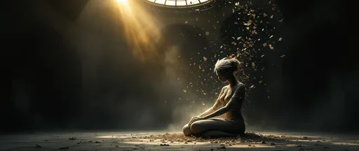 Prompt: An abandoned , dark, dusty and hazy theater hall. On the stage sits a delicate ballerina made of scorched, burnt paper fragile and surreal lit by a beam of golden sunlight that streams through a crack in the ceiling. She sits with one leg bent in front of her and the other folded underneath, head bowed arms extended and resting on her knee . She wears a delicate white feather hair headband. From her body rise thousands of tiny burnt paper fragments drifting upward like dark , fragile ashes .