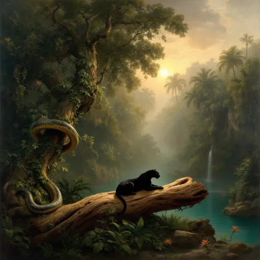Prompt: Deep jungle. Lush tropical plants and palms. Vines draped on branches. Mist. On the left side of the image a large python tightly coiled around a thick, gnarled branch. A black panther on a fallen, rotten tree stump. A small waterfall. A turquoise pool. Rocks. Bird of paradise flowers. Sunset filters through the dense foliage. A painting in the style of 19th-century realism. 