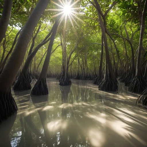 Prompt: tropical beach and dense mangrove trees  lit by sun . 