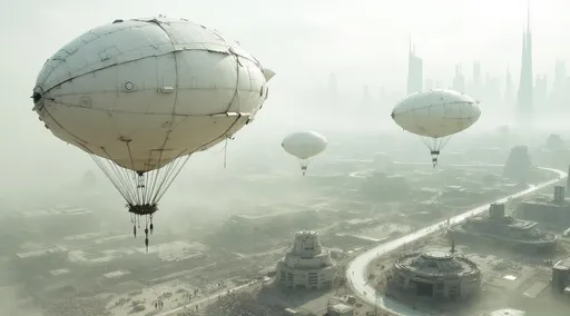 Prompt: An aerial view with three white post-apocalyptic zeppelins that have an unusual almost organic-looking envelope made of what appears to be stitched or patched-together material giving it a rugged improvised aesthetic . The zeppelins are suspended high by ropes above a post-apocalyptic dense suburbia with white futuristic buildings. Piles of waste . The atmosphere is polluted and full of white dust . The sun shines faintly through the white dust casting a dull eerie glow over the desolate scene . In the distance the towering futuristic buildings of the city can be seen .