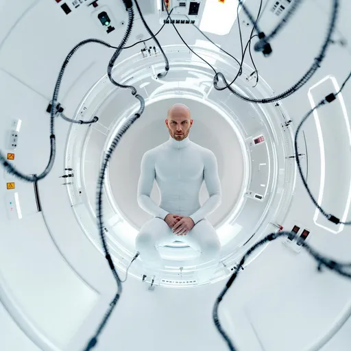 Prompt: A bald humanoid wearing a tight white suit inside a hi-tech translucent cocoon suspended in a spherical white sci-fi hi-tech room . Dozens of cables and wires emerge from the cocoon connecting to the outer sphere.