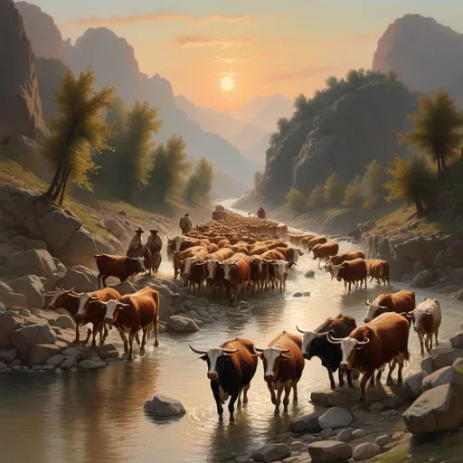 Prompt: Peasants crossing  a mountain river  herding  five oxes in a rocky gorge lit by sunset