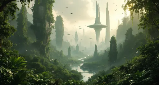 Prompt: A breathtaking fusion of untouched natural beauty and advanced futuristic civilization, likely from a science fiction or fantasy world.
The foreground of the image is dominated by a dense, verdant, lush tropical forest and diverse undergrowth. Birds and flying creatures are scattered through the air, enhancing the sense of a thriving, untouched ecosystem.

As the eye moves toward the background, a river or lake winds peacefully through the forested valley, reflecting the sunlight and adding depth to the landscape. The water glistens subtly, leading the viewer’s gaze toward the far distance, where the image takes a dramatic turn.

Rising out of the misty horizon are several colossal, futuristic structures—tall, sleek towers that suggest advanced architecture and technology. These buildings are partially obscured by fog and sunlight, giving them an ethereal quality. They appear to be floating above or integrated seamlessly into the forest below. Some structures hover in mid-air, supported by unknown technology, while others are built on platforms that rise high above the treetops.

In the sky, various flying vehicles or drones can be seen, traveling between the structures or hovering above the landscape. These craft add a sense of motion and life to the futuristic city, implying a highly developed and interconnected society.

Despite the technological marvels, the natural world dominates the scene, suggesting a harmonious coexistence between nature and civilization. 

The most striking element is the sky . Thick, billowing clouds stretch across the sky, heavy and textured with tones of grey, brown, and hints of blue. These clouds seem to part just enough to reveal a glowing band of soft, golden-yellow light near the horizon, suggesting either a sunrise or a sunset. This light gently spills across the landscape, casting a muted radiance that enhances the depth and mystery of the scene. The style of 19th-century realism .

