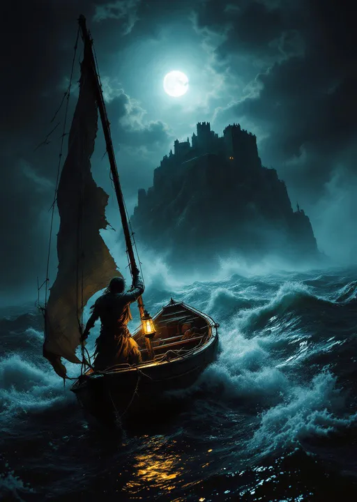 Prompt: A dramatic scene viewed from inside a small boat on a stormy sea at night. The boat has a torn sail and a glowing lantern casting light on a man wearing ragged clothes . The man holds onto a rope tightly as waves crash around him . Mist. The moon is hidden behind clouds creating a backlit sky with scattered clouds glowing faintly .
The boat heads toward a large rocky cliff where an old prison-fortress stands .The atmosphere is tense and chaotic with the sea and wind roaring around the boat .