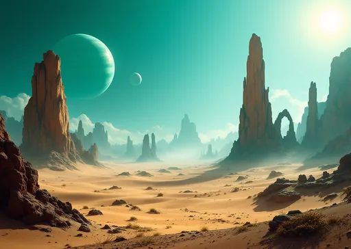 Prompt: A vast desert of sand dunes . Scattered , solitary , twisted , strange, tall, arched,  brown rocks . A giant, ringed, gaseous, green planet with huge satellites barely visible in the misty blue sky. Mist. Sunlight.