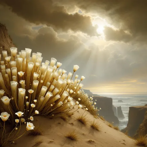 Prompt: White flowers growing inside of hundreds of transparent tubes impaled in sand dunes .The tubes are not cut horizontally at the top but are sliced at an oblique angle giving the tops an elliptical appearance . Sandy cliffs. Waterfalls. The most striking element is the sky . Thick, billowing clouds stretch across the sky, heavy and textured with tones of grey, brown, and hints of blue. These clouds seem to part just enough to reveal a glowing band of soft, golden-yellow light near the horizon, suggesting either a sunrise or a sunset. This light gently spills across the landscape, casting a muted radiance that enhances the depth and mystery of the scene. The style of 19th-century realism.