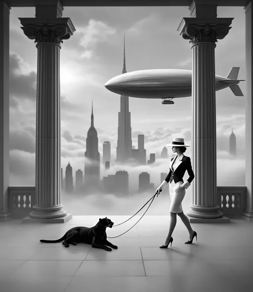 Prompt: A perspective framed by four enormous Greek columns, an open platform overlooking a cloud-covered city with towering skyscrapers. One column partially visible stands prominently in the foreground while the other three recede into the background. The statue of David on a pedestal. Rising from the misty cityscape a towering Art Deco skyscraper dominates the skyline. Above partially visible between the columns in the foreground a massive retro-futuristic metallic zeppelin floats silently. On the platform a slender woman wearing a tight white knee-length skirt and a black tailored suit with large white lapels, a huge hat with very wide, flat brims, elbow-length white gloves, stockings and high-heeled shoes holding a long cigarette holder with a lit cigarette is elegantly walking a poodle on a leash. A majestic black panther lies stretched out next to a column. Mist. Dramatic sky at sunset. Dramatic lighting. Dramatic shadows. Black and white