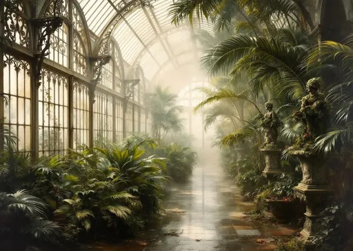 Prompt: A painting in the style of 19th-century realism. A hazy Victorian greenhouse with arched, dirty, weathered windows with panes covered in grime with richly decorated wrought iron frames shaped like intricate filigree featuring delicate curls and lace-like metalwork. Lush tropical plant and palms filling all the space. A row of classical, weathered, mossy statues on ornate pedestals. Thick mist. Sunlight filtering through windows. Sunlight shafts. 