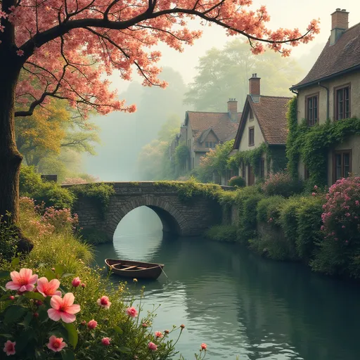 Prompt: A countryside scene with charming old cottages by a gently flowing river . Branches with a blossomed peach in foreground further you can see cottages with sloped roofs and ivy-covered walls . A stone bridge arches gracefully over the water connecting both sides of the peaceful village .Lush green foliage , flowering trees and bushes with flowers create a serene , idyllic atmosphere . A wooden rowboat rests on the riverbank . Mist , golden sunlight