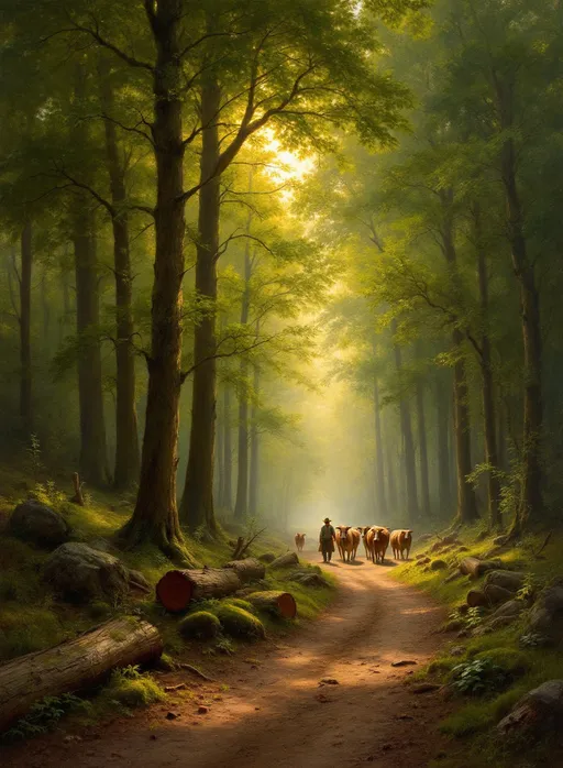 Prompt: A tranquil woodland scene bathed in soft, natural light filtering through a dense canopy of tall, mature trees in the style of 19th-century realism. The foliage is rich and varied, with different shades of green, from dark emerald to fresh lime, indicating a vibrant, healthy forest during late spring or summer. The sunlight breaks through the trees in golden beams, creating dappled patches of light and shadow on the forest floor, enhancing the depth and realism of the painting.

In the foreground, several logs and tree trunks lie scattered on the ground, suggesting recent logging or natural tree falls. Moss-covered rocks and small plants dot the landscape, adding texture and a sense of wild, untamed nature. A narrow dirt path winds through the forest, drawing the viewer's eye deeper into the scene.

Along this path, a few cows are slowly walking, guided by a farmer or herder visible in the middle ground. The animals and the human figure add a sense of life and peaceful rural activity to the otherwise quiet woodland. The herder appears to be wearing rustic clothes, blending into the natural surroundings and reinforcing the harmony between man and nature.