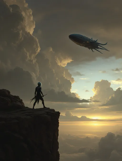 Prompt: An extraterrestrial humanoid warrior on a rocky cliff. A squid like extraterrestrial spaceship in the sky . Storm clouds .
The most striking element is the sky  . Thick, billowing clouds stretch across the sky, heavy and textured with tones of grey, brown, and hints of blue. These clouds seem to part just enough to reveal a glowing band of soft, golden-yellow light near the horizon, suggesting either a sunrise or a sunset. This light gently spills across the landscape, casting a muted radiance that enhances the depth and mystery of the scene.




